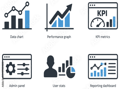 Print  Flat Minimal UI Dashboard Analytics Icon Set – Data Charts, KPI Metrics, Performance Graphs, Admin Panel, User Statistics, Reporting System, Clean White Background Vector Icons for Web and App 