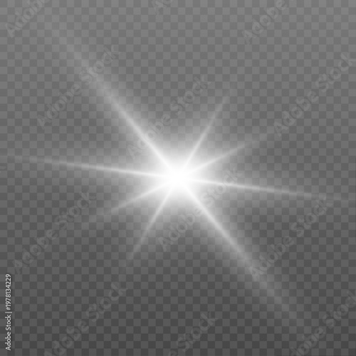 White star burst effect radiates strong light beams. Glitter sparks expand with smooth luminous gradient shine. Perfect for modern design overlay.