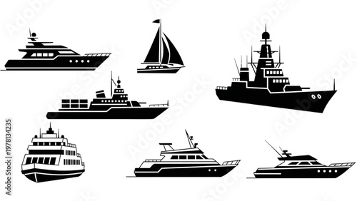 Vector CAD drawings of various boats and ships sailing on water