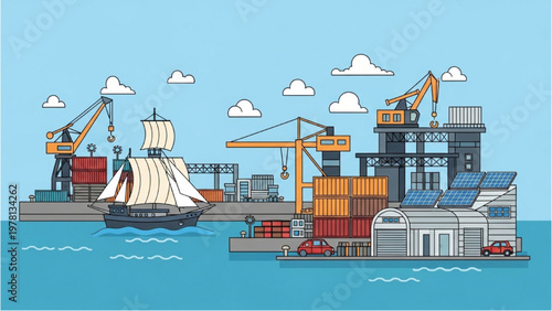 Cargo ship arrives at industrial port with cranes and vector CAD designed containers