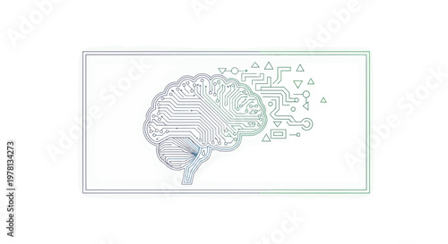 Abstract digital brain with circuit board patterns and dissolving geometric shapes