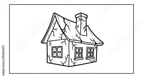 Cracked Old House Illustration, Abandoned Building, Weathered Facade, Cartoon Style