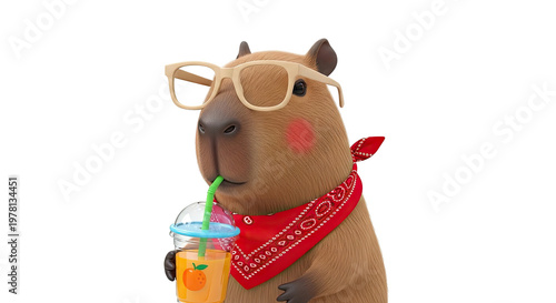 Cute Capybara with Glasses and Bandana Drinking Juice