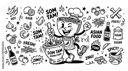 Vintage 1930s Retro Mascot Som Tam Thai Papaya Salad Illustration Set