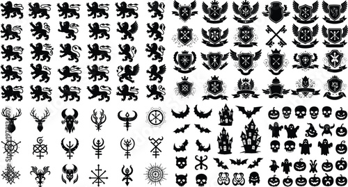 Heraldic animals, skulls and gothic symbols silhouette vector set featuring lions, bats, skull icons, medieval crests and occult emblem collection