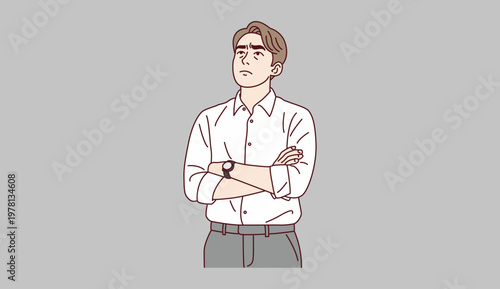 Thoughtful businessman with crossed arms looking up, pensive office worker illustration
