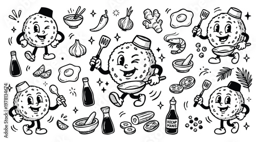 Vintage 1930s Retro Mascot Nasi Goreng Indonesian Fried Rice Illustration Set