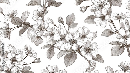 Seamless vintage floral pattern with elegant sketches of blossoming flowers