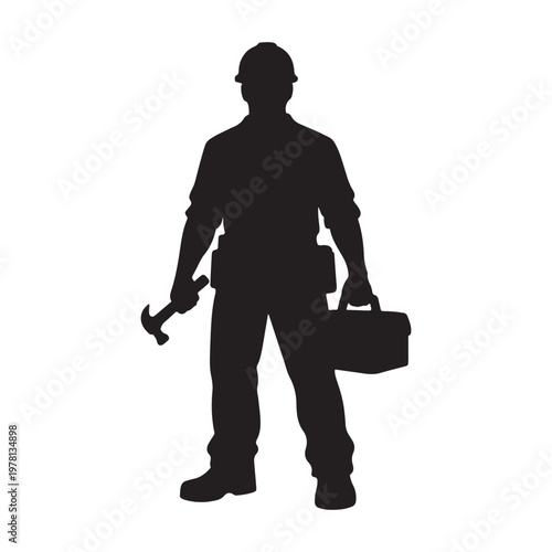 Silhouette of a male construction worker wearing a hard hat holding a hammer and a toolbox