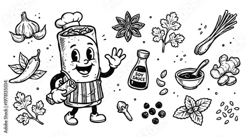 Vintage 1930s Retro Mascot Lumpia Spring Roll Asian Food Illustration Set