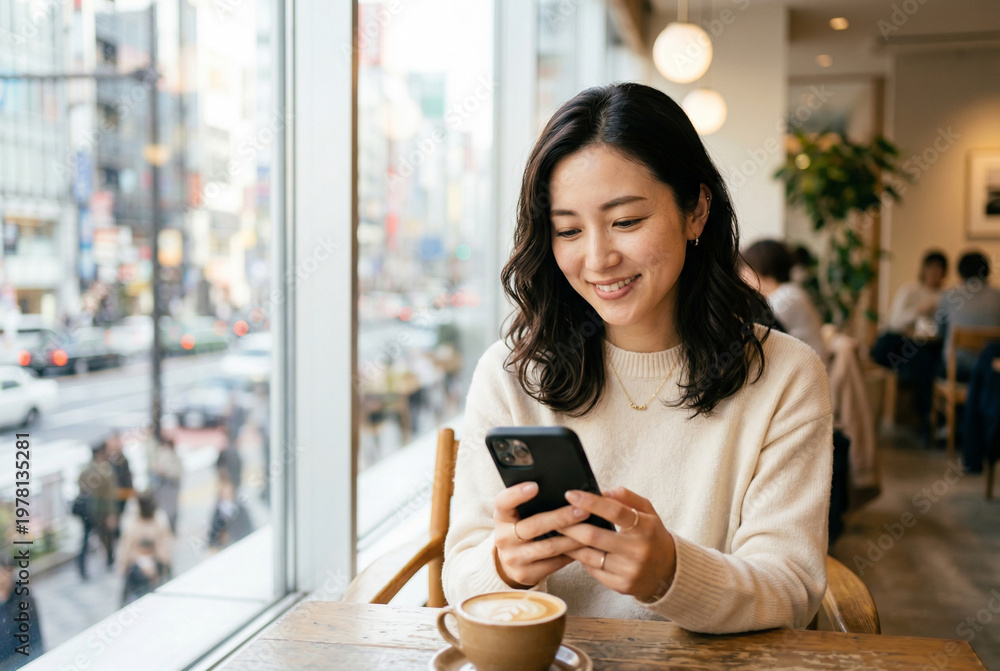 Fototapeta premium カフェでスマホを操作する女性 Generative AI