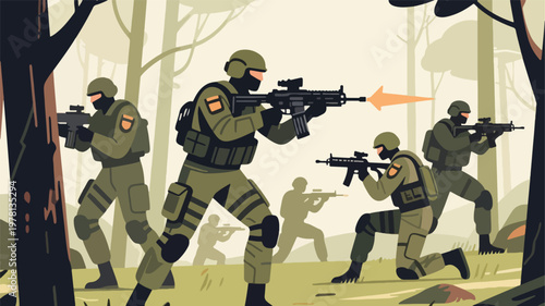 Illustration Of A Military Troop Undercover Operation In A Dense Forest Vector Design Template