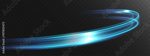 Bright blue neon light trail forming smooth curved motion streak with glowing highlights, isolated on transparent background, dynamic energy effect for futuristic overlays and digital design.

