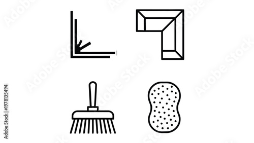 Cleaning Icons Set: A collection of simple line art icons representing common cleaning tools and related imagery, perfect for illustrating cleaning concepts.