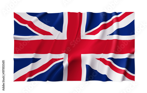 Realistic United Kingdom country flag isolated on a transparent background. Silk atlas detailed fabric flag. Vector PNG