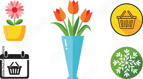 Flower and shopping flat icon set featuring tulip bouquet in vase, potted flower, basket symbol, calendar shopping icon and botanical badge