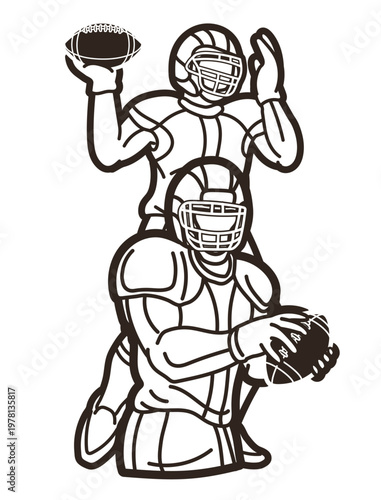 Outline American Football Sport Players Mix Action Cartoon Graphic Vector