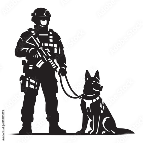 Tactical military soldier with k9 dog vector, police swat officer with german shepherd, special forces unit silhouette on white background