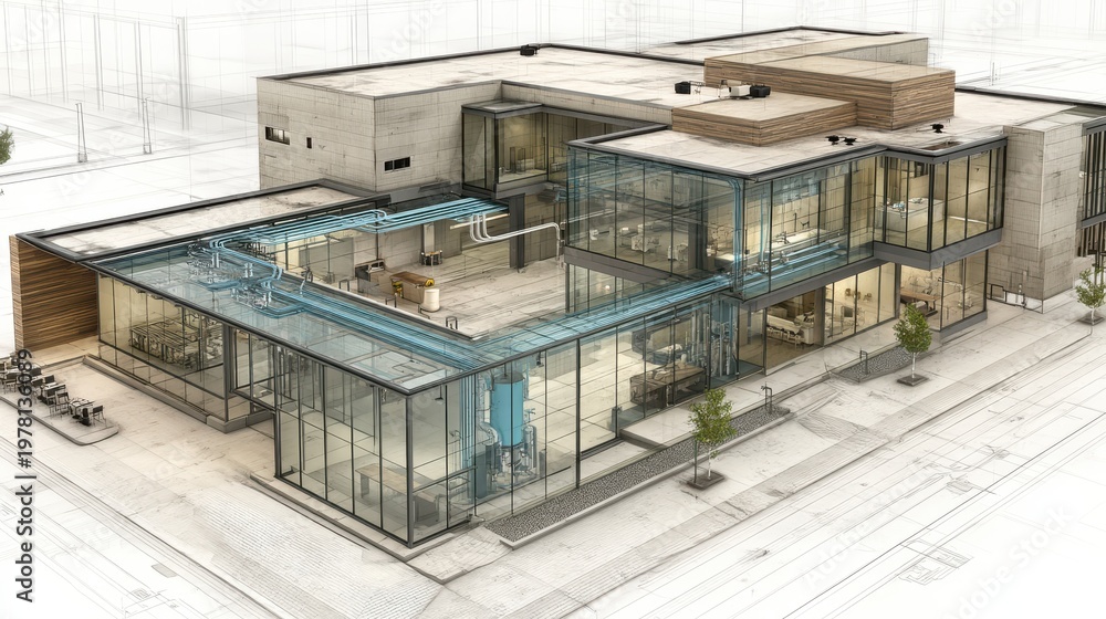 Fototapeta premium Modern architectural sketch of a multi-level building with extensive glass walls and a flat roof, showing detailed exterior design and layout.