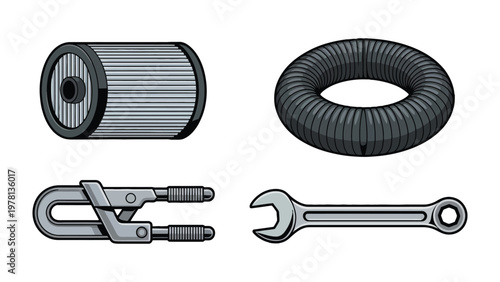 Mechanical Components Illustration: A detailed illustration showcasing various mechanical components, including a cylindrical filter, a circular hose, a shackle, and a wrench.