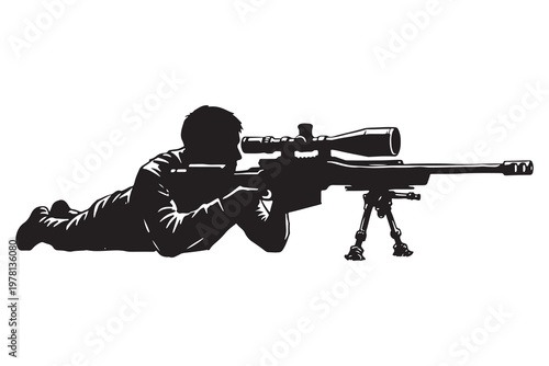 Military sniper silhouette in prone position, tactical marksman with high-precision rifle and scope, black and white vector of soldier aiming