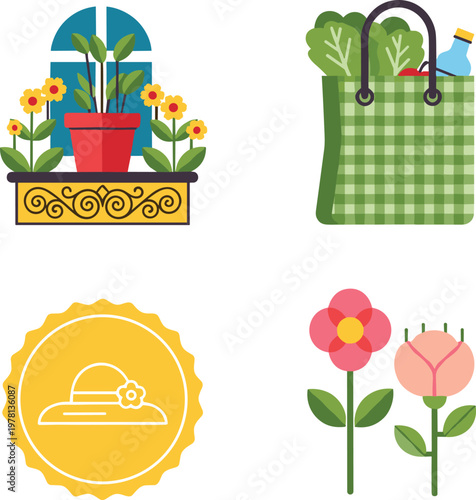 Gardening and floral flat icon set featuring decorative potted plants, shopping grocery bag, flower symbols and garden badge vector illustration