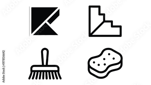Design elements Icons: Featuring four minimalist icons, encompassing a geometric shape, a set of steps, a cleaning brush, and a sponge, symbolizing design creativity, architectural structure.