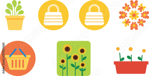 Flat shopping and flower icon set featuring handbag symbols, basket icon, sunflower garden and decorative potted plants vector illustration