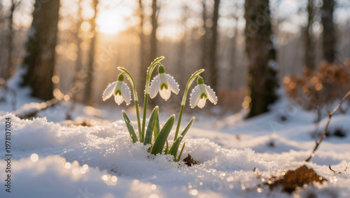Delicate Snowdrops Emerging From Melting Snow