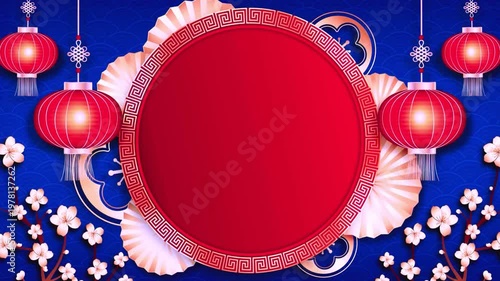 Vibrant Chinese New Year background with red lanterns and flowers