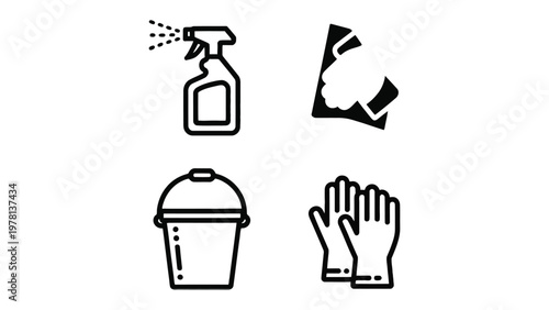 Clean Icons: A minimalist arrangement of essential cleaning tools, presented in a clean, crisp style, emphasizing the simplicity and efficiency of cleanliness.