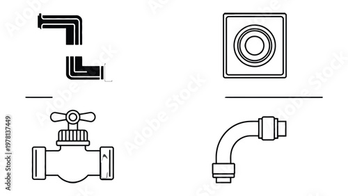 Water Supply and Fittings: A meticulously rendered illustration of essential water supply components, showcasing precision and technical detail for use in design or educational materials.