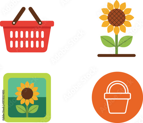 Sunflower and gardening icon set featuring flower symbols, shopping basket, plant pot and nature themed flat vector illustration
