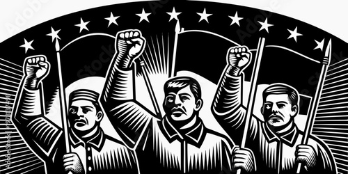 Workers raising fists and tools under a starry sky a powerful illustration