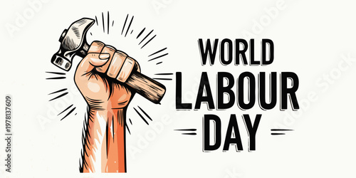 A hand gripping a hammer with the text world labour day displayed