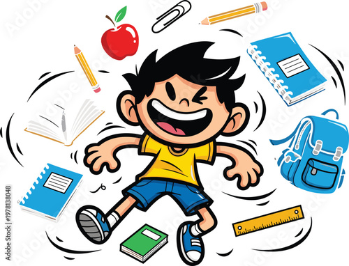 Cartoon Style Happy School Boy Surrounded by School Supplies like Notebooks, Pencils, Apple, and Backpack for Education Concept