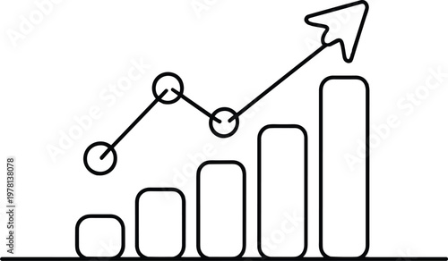 Black and white line of a rising bar chart with trend arrow