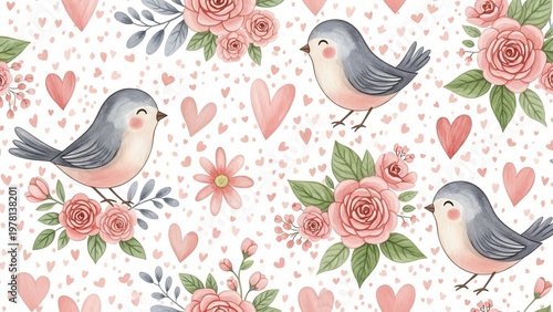 Cute blue birds surrounded by pink roses and decorative hearts