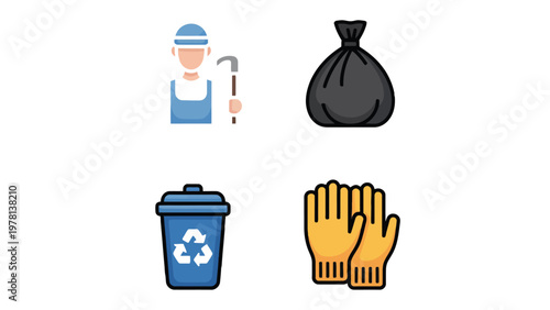 Essential Cleanup Icons: A collection of vibrant icons symbolizing various aspects of waste management and environmental responsibility, featuring a sanitation worker, a trash bag, a recycling bin.