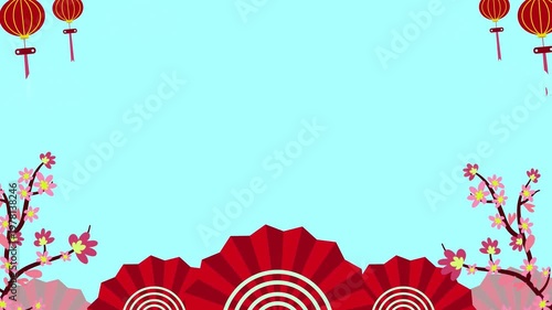 Vibrant Chinese New Year background with red lanterns and blossoming cherry trees