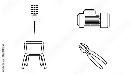 Four Icons Illustration: A minimalistic line art illustration showcases four distinct icons representing a modern objects.