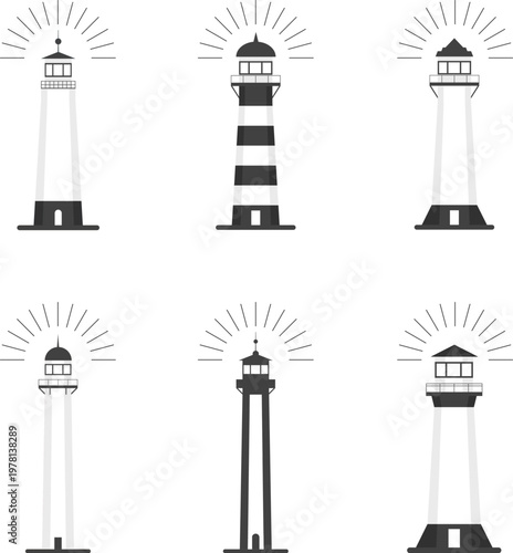 Vector set of six minimalist lighthouse icons in black and white for marine navigation design