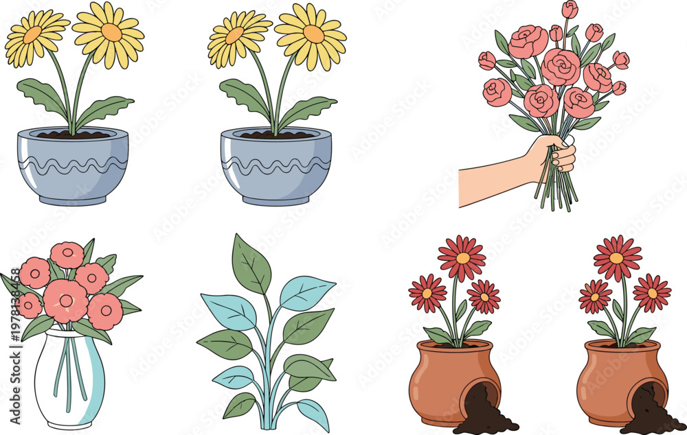 Fototapeta premium Hand drawn flowers and bouquet vector set featuring daisies in pots, floral bouquet in hand and decorative blooming plants illustration