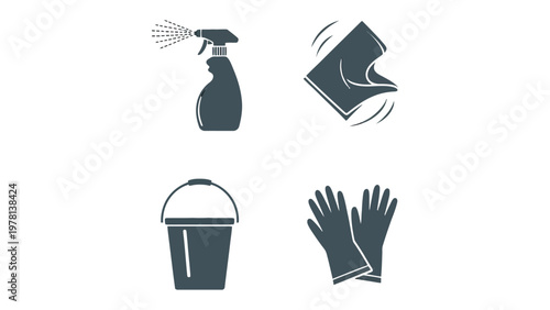 Cleaning Supplies Icon Set: This set of illustrations showcases essential cleaning supplies, ideal for use in infographics, educational materials, or design projects related to hygiene and sanitation.