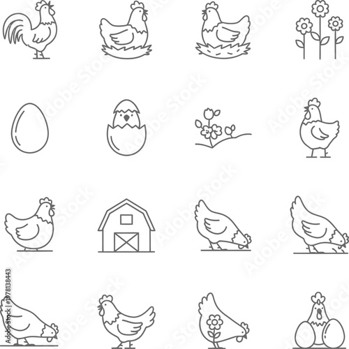 Collection of simple line depicting farm animals and related chicken rooster