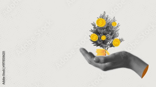 Halftonr art collage hand with a tree growing on a row of coins as a symbol of financial development and business growth.