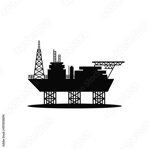 A black silhouette of an offshore oil rig in the ocean