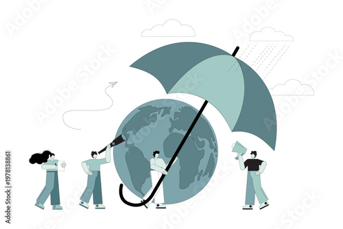 People protect the planet with an umbrella, saving the planet. Earth Ecology Rescue Organization. Flora and Fauna Protection.eps