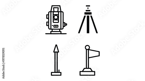 Surveying Tools in Illustration: A set of essential surveying instruments, meticulously illustrated, symbolizing precision, accuracy, and the art of measuring the earth with technical drawing style.