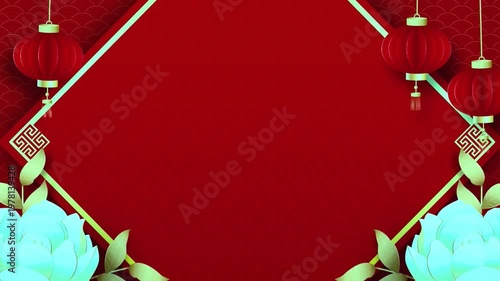 Vibrant Chinese New Year background with red lanterns and lotus flowers